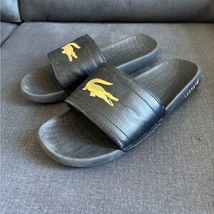 Lacoste Black and Gold Slide Sandals Size 8